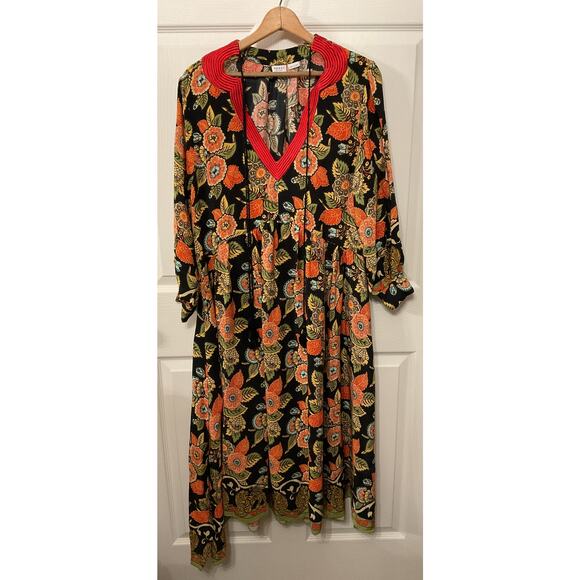 Rhode Resort 100% Silk Orange Floral Red Trim V-neck Maxi Kaftan Dress, M - Picture 2 of 9